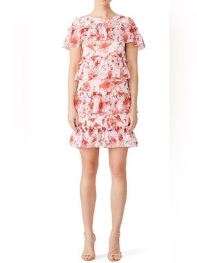 Badgley Mischka Floral Print Runway Dress Sz 18 Red Pink Tiered Ruffles Mini